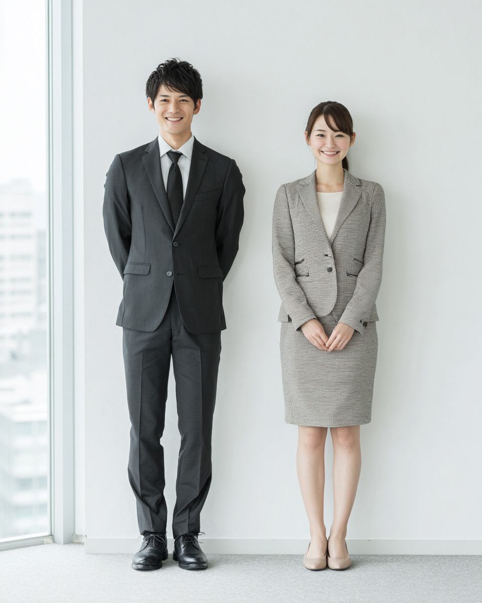 スーツ姿で立つ男女